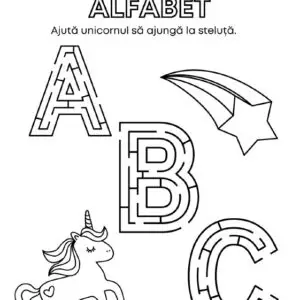 Labirintul Alfabetului (PDF Imprimabil) – Litere Mari A–Z în Formă de Labirint | Activitate Educativă cu Unicorn pentru Copii 3–6 Ani