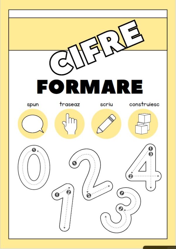 🔢 Cifre – Formare Completă prin Trasare, Construire, Rostire și Scriere (PDF Imprimabil, 20 pagini)